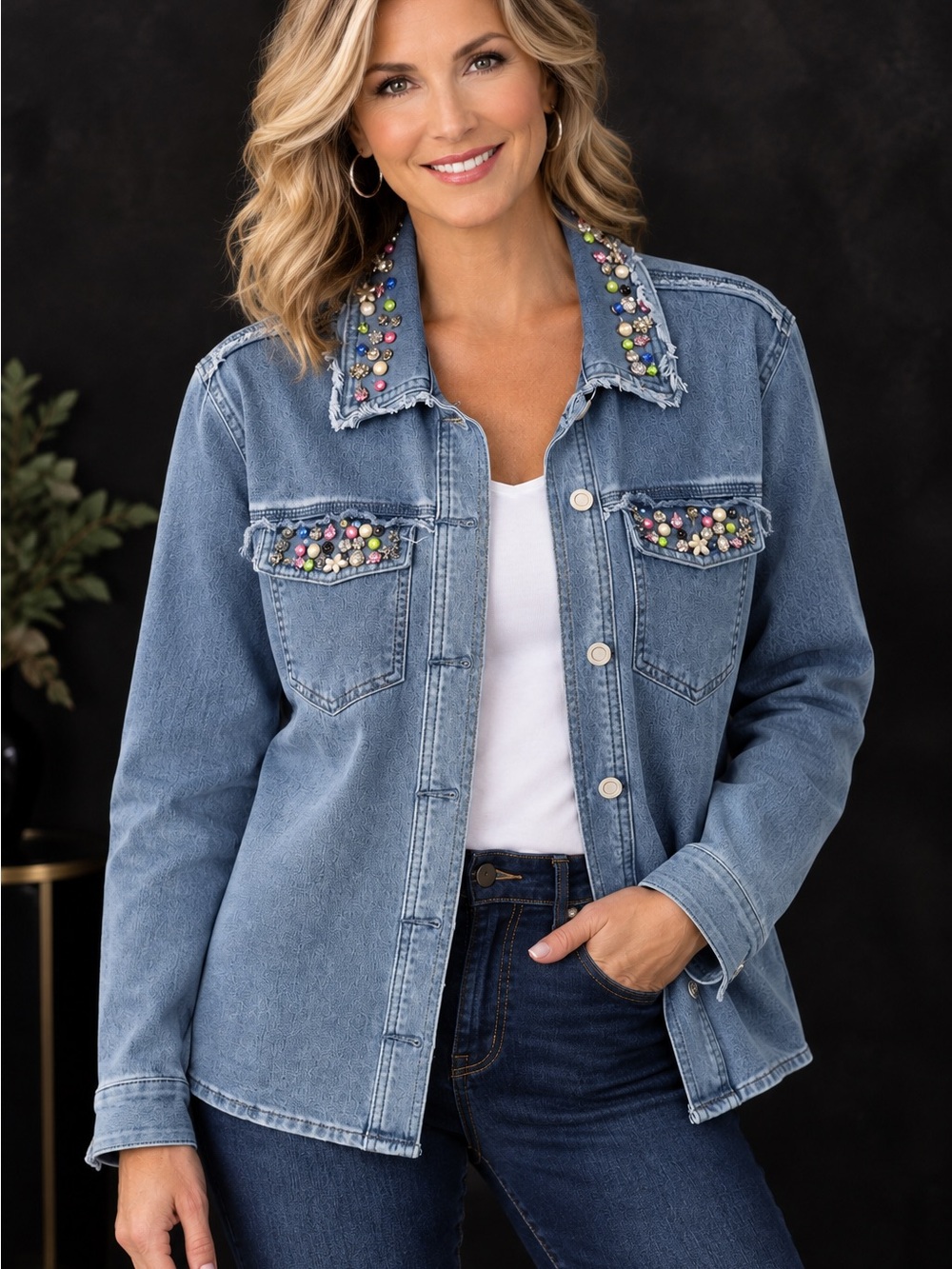 Tribal Jeans Beaded Denim Shirt Jacket Size M